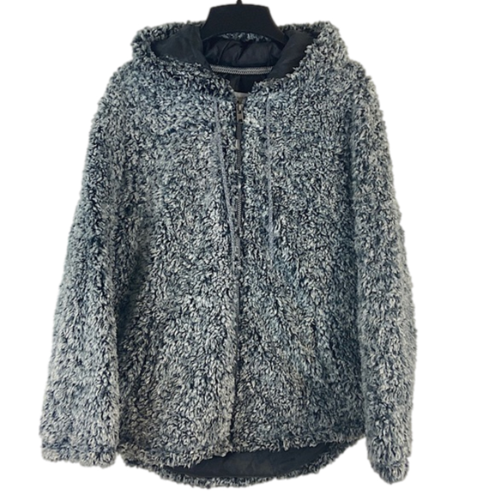 Keren Hart Gray Black Fuzzy Teddy Fleece Full Zip Hoodie Jacket Size Large NEW